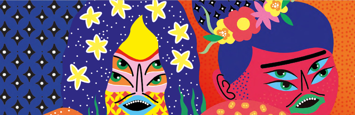 Illustration de l'artiste Kashink : deux visages multicolores avec plusieurs paires d'oeils.
