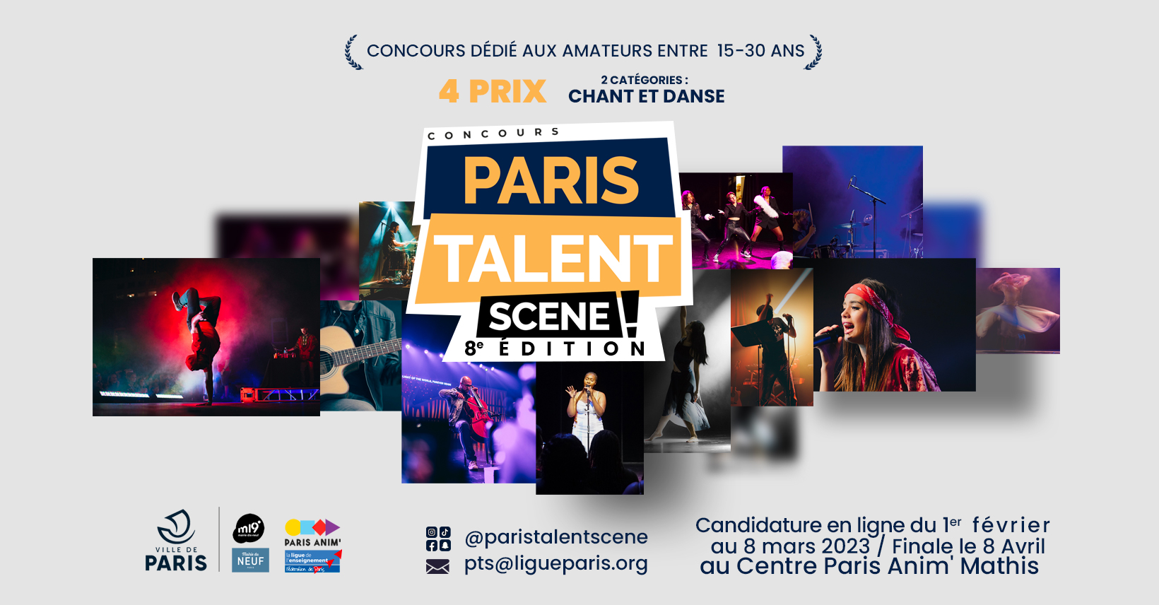 Bannière Paris Talent Scène : des photos entremêlée de chanteurs et de danseurs