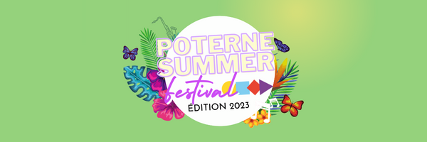 Logo du Poterne Summer Festival: un ensemble de fleurs et d'instruments de musiques colorés sur fond vert.