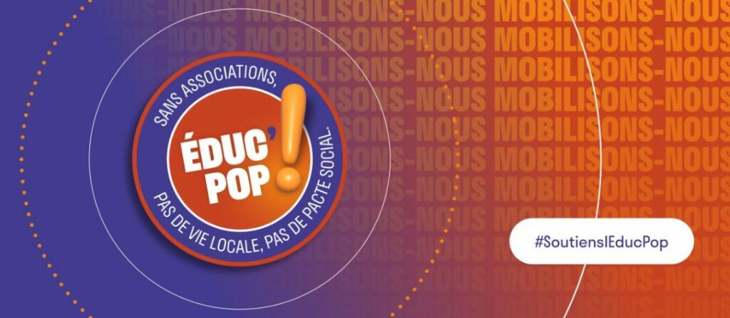 Bannière violette et orange portant une mention "Soutiens l'éduc pop"