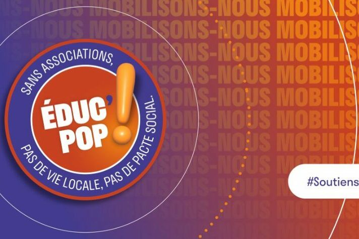 Bannière violette et orange portant une mention "Soutiens l'éduc pop"